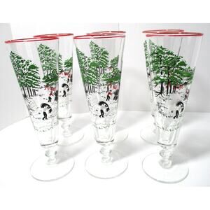 Vintage Libbey Pilsner Beer Glass Currier & Ives Farm Scene Hand Painted Set 6